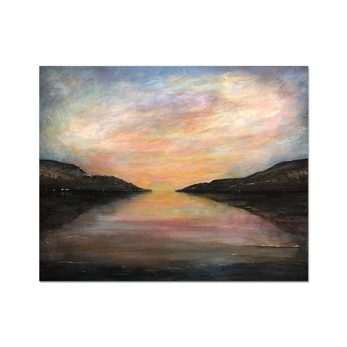 Loch Ness Glow sunset landscape painting with warm hues and textured brushstrokes