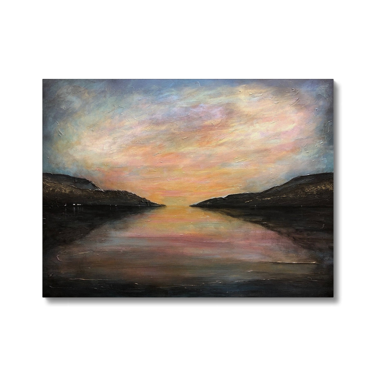 Loch Ness Glow canvas print of sunset landscape in muted earth tones