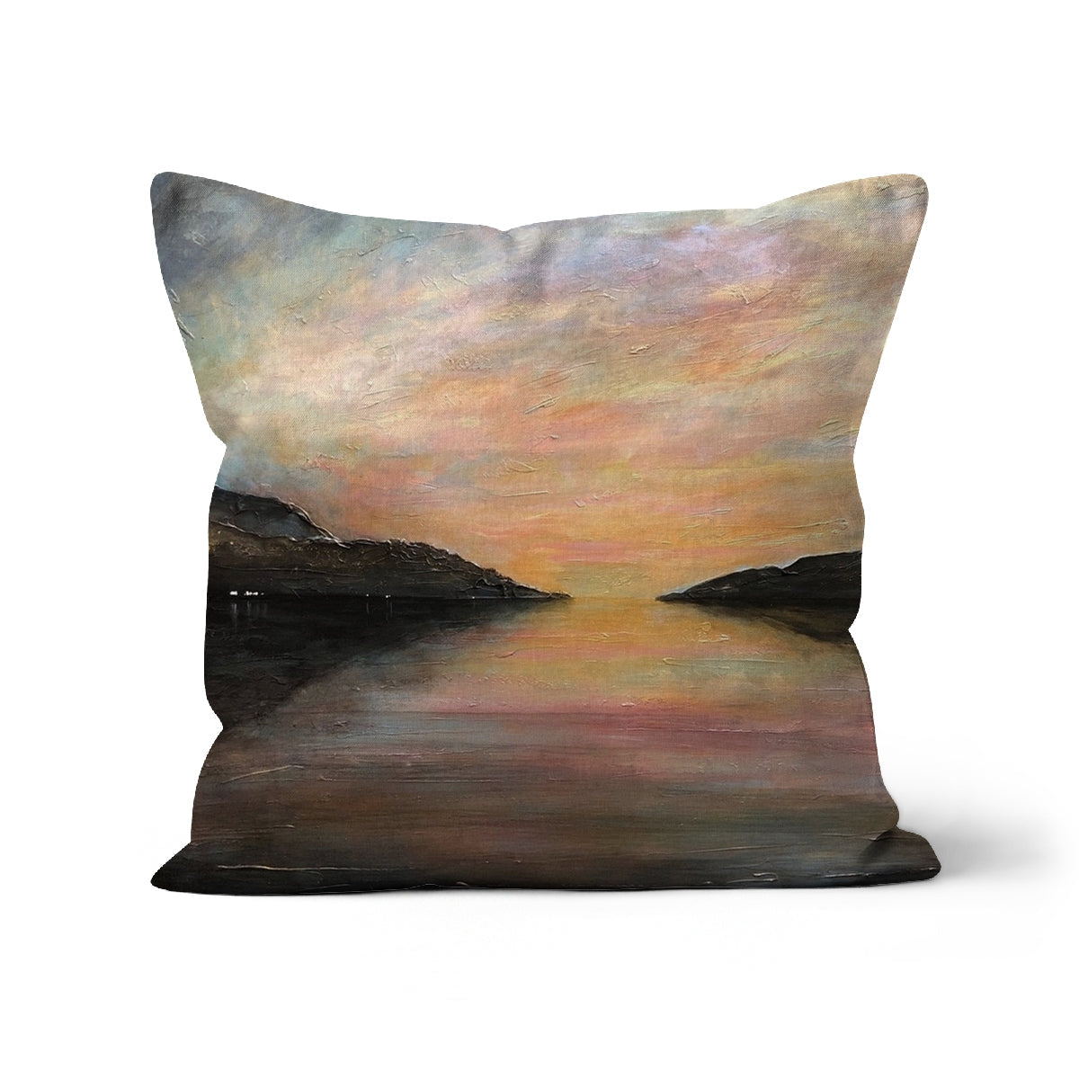 24x24 inch Loch Ness Glow Cushion with abstract muted earth tone landscape