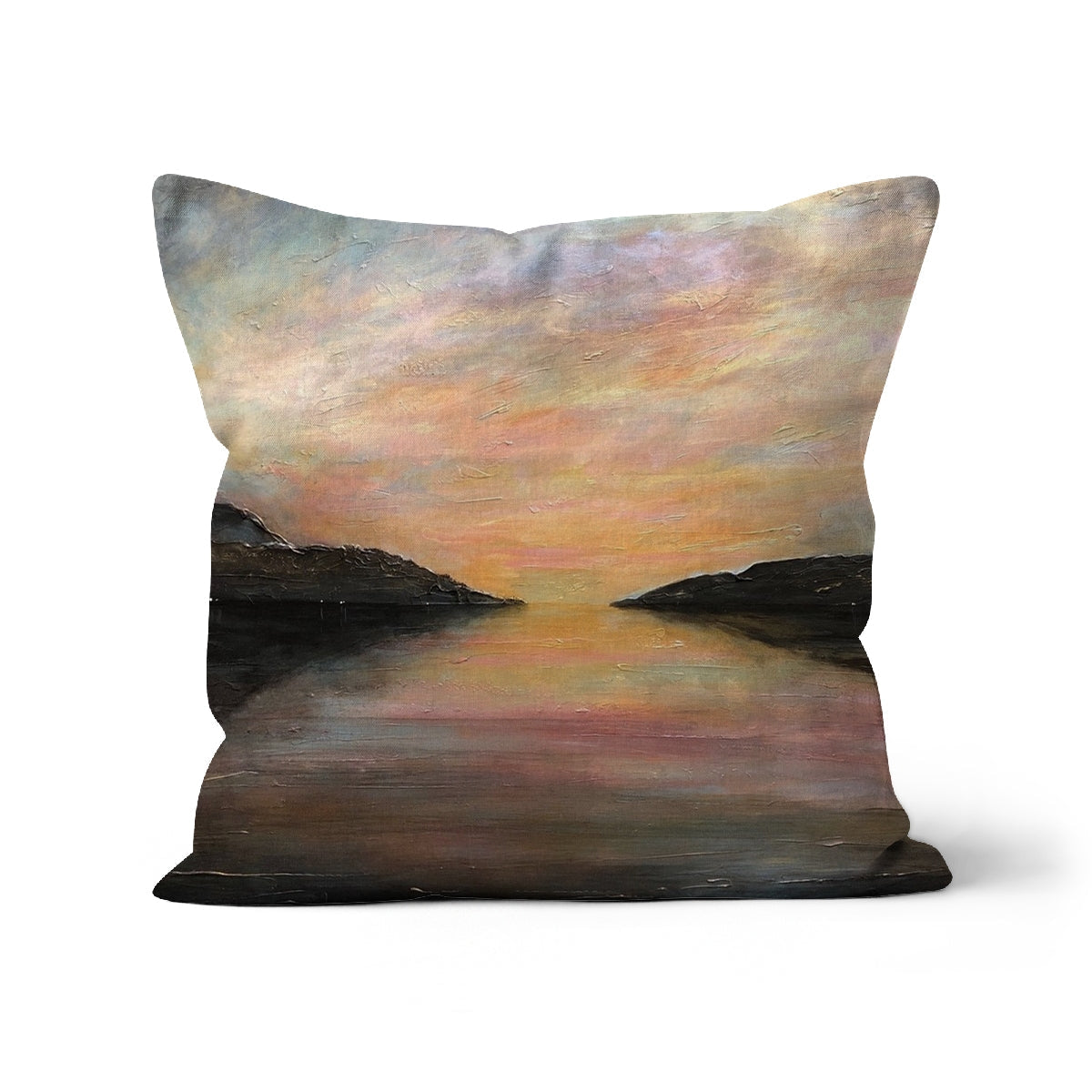 18x18 Loch Ness Glow Cushion with serene sunset landscape