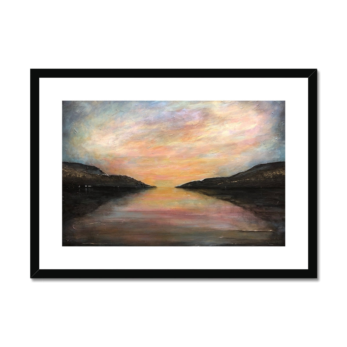 Black framed Loch Ness Glow canvas print of sunset over water