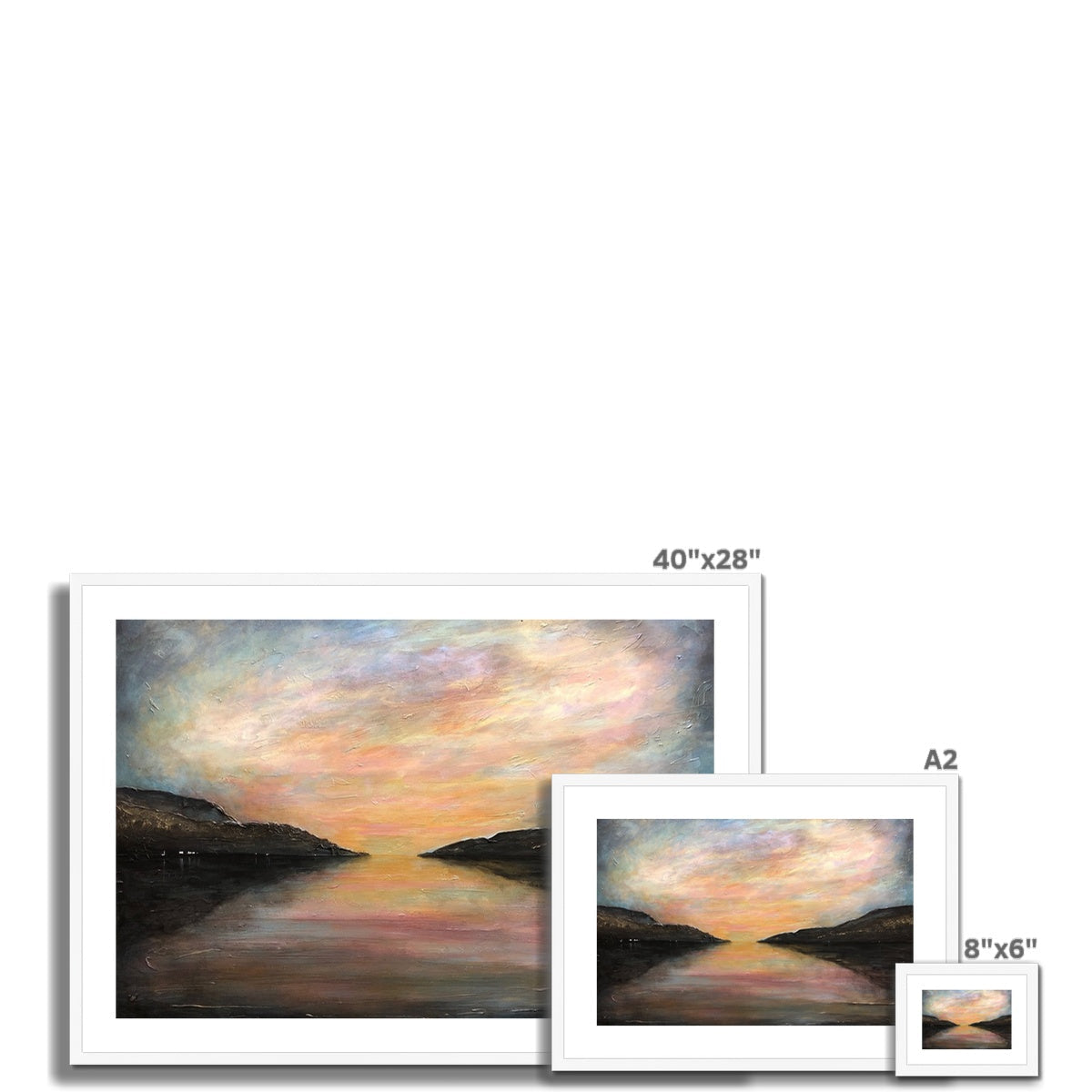 40x28 inch framed Loch Ness Glow sunset landscape in pastel colors