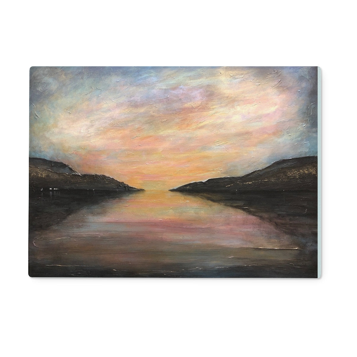 Loch Ness Glow sunset landscape painting on glass chopping board