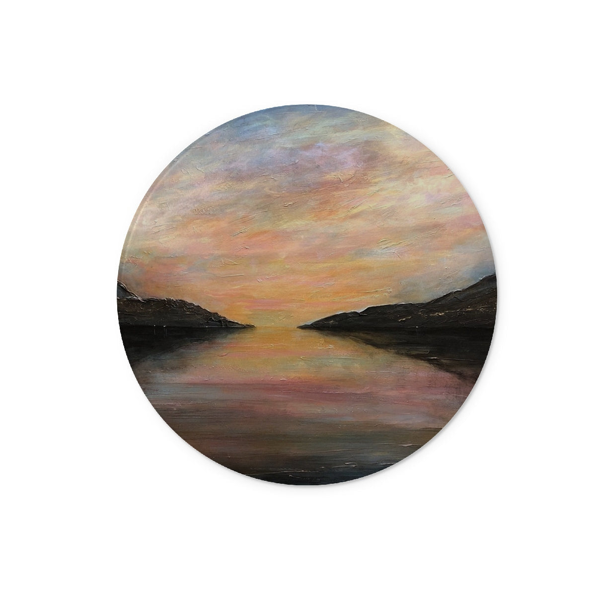 Loch Ness Glow round sunset sticker on glass chopping board