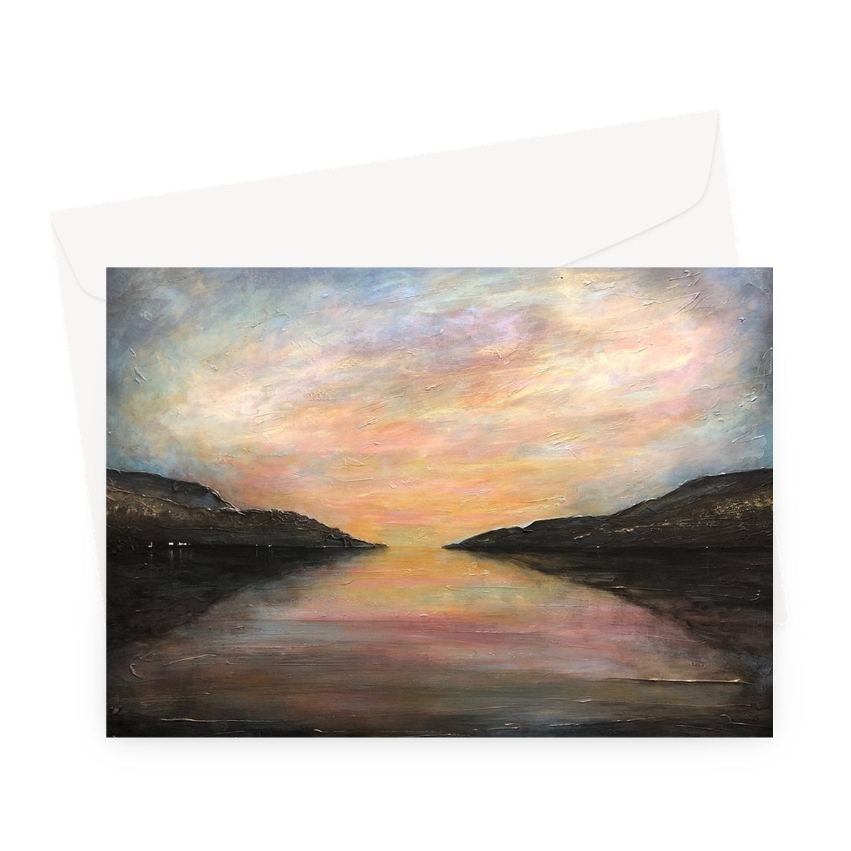 Loch Ness Glow Greeting Card with sunset landscape design