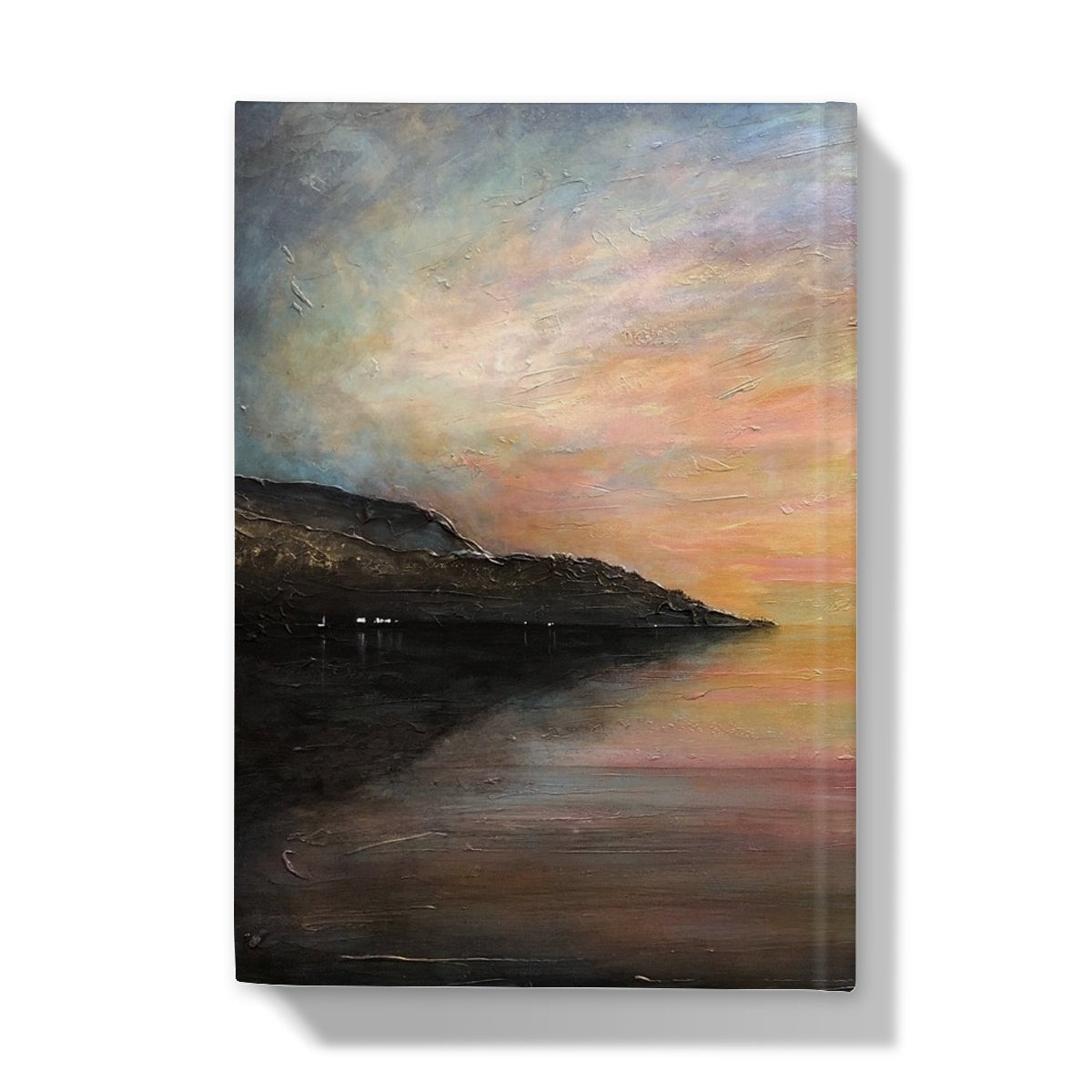 Loch Ness Glow journal with coastal sunset canvas print in muted earth tones