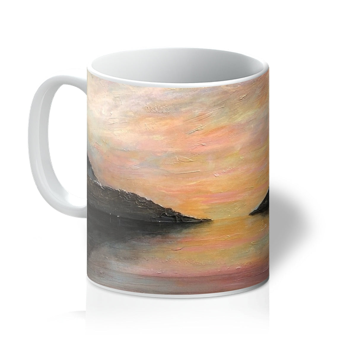 Loch Ness Glow Mug with abstract sunset in orange and yellow