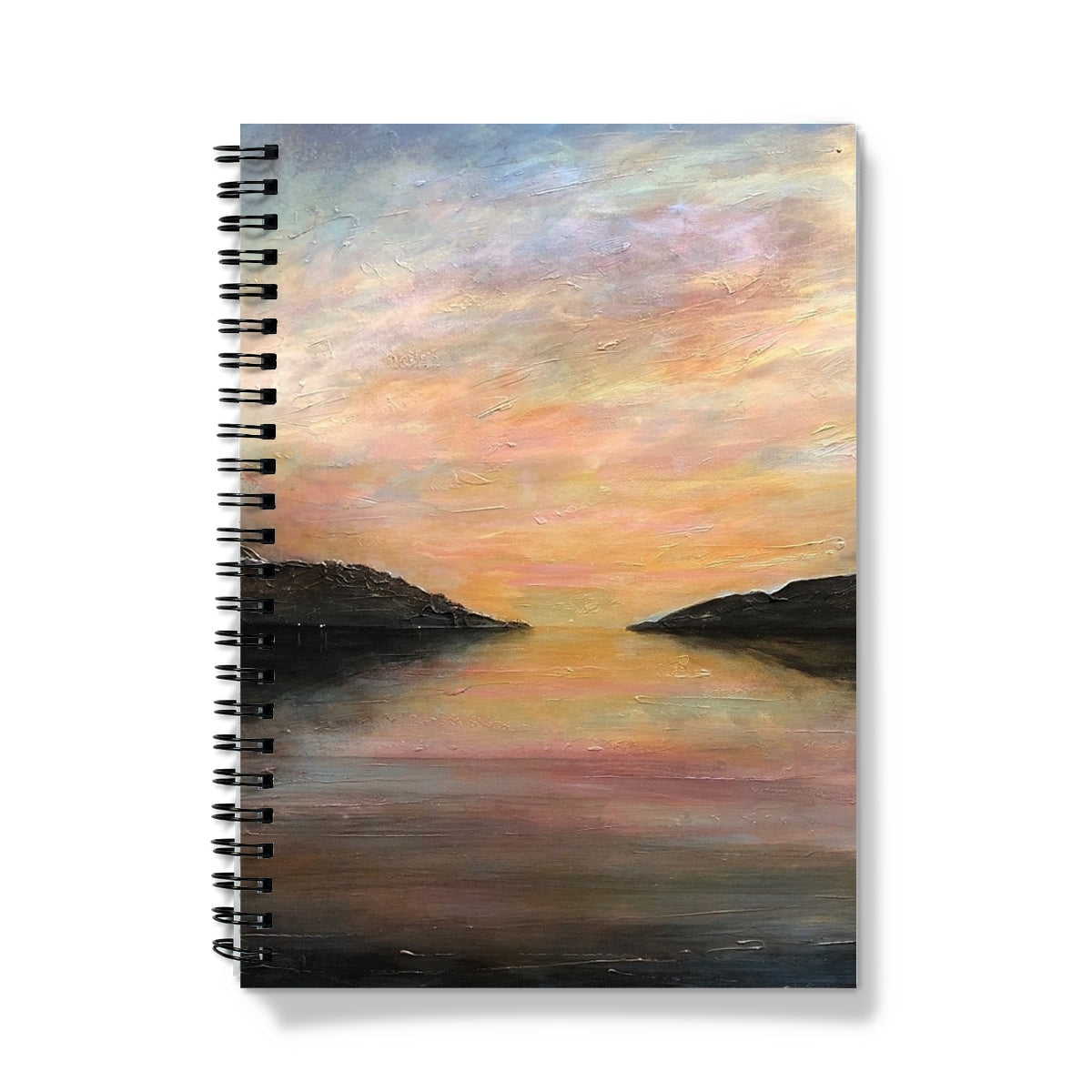 Loch Ness Glow spiral-bound notebook with glossy sunset landscape cover