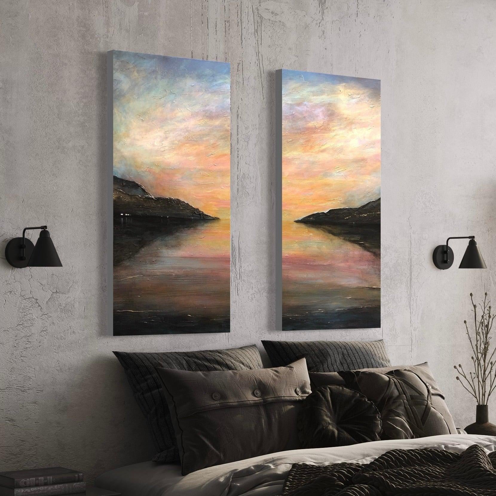 Two framed landscape paintings of a sunset over water for Loch Ness Glow wall art