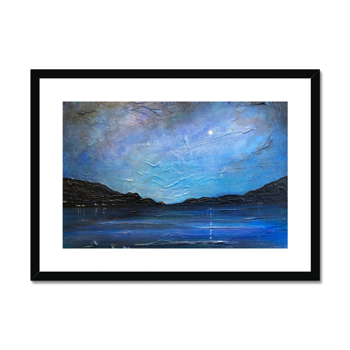 Loch Ness Moonlight Art Print: Abstract Blue Sky, Crescent Moon, Silhouetted Hills, Reflective Water