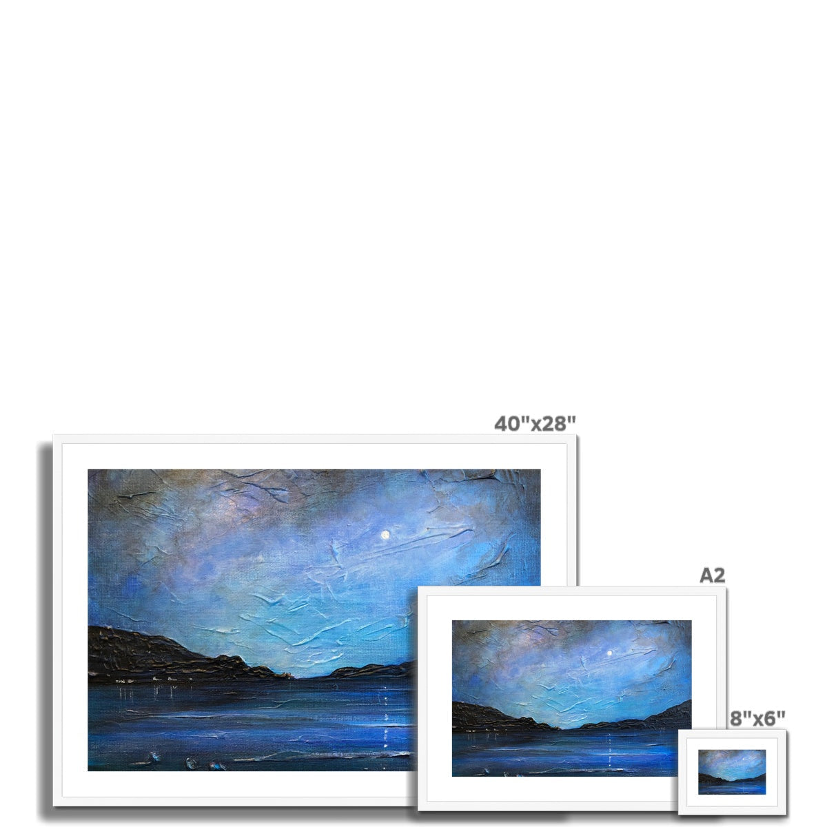 Blue textured Loch Ness moonlight landscape painting in white frame