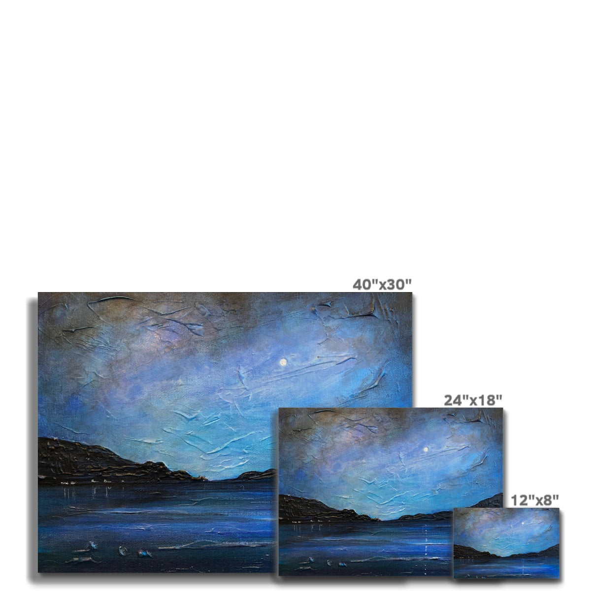 Loch Ness Moonlight blue textured canvas print of moonlit lake and dark hills