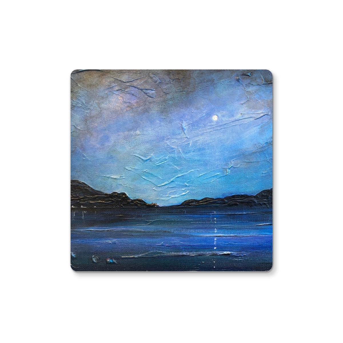 Square Loch Ness Moonlight Coaster with textured blue-purple landscape under moonlit sky