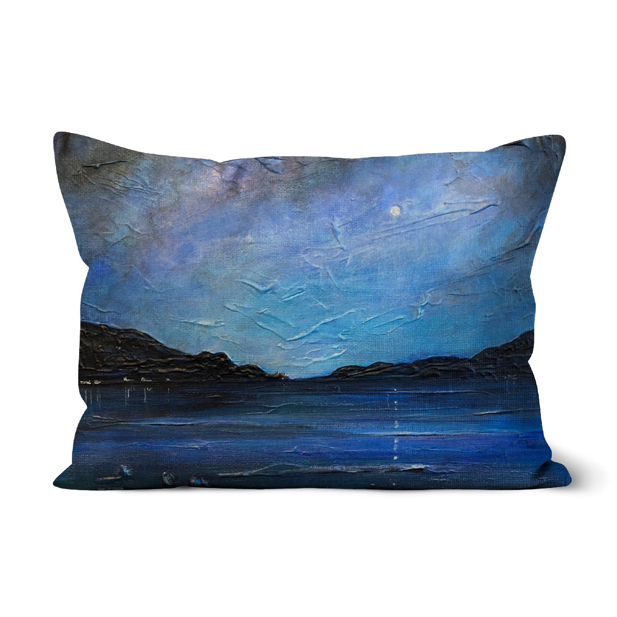 Loch Ness Moonlight Cushion: textured night scene over reflective water