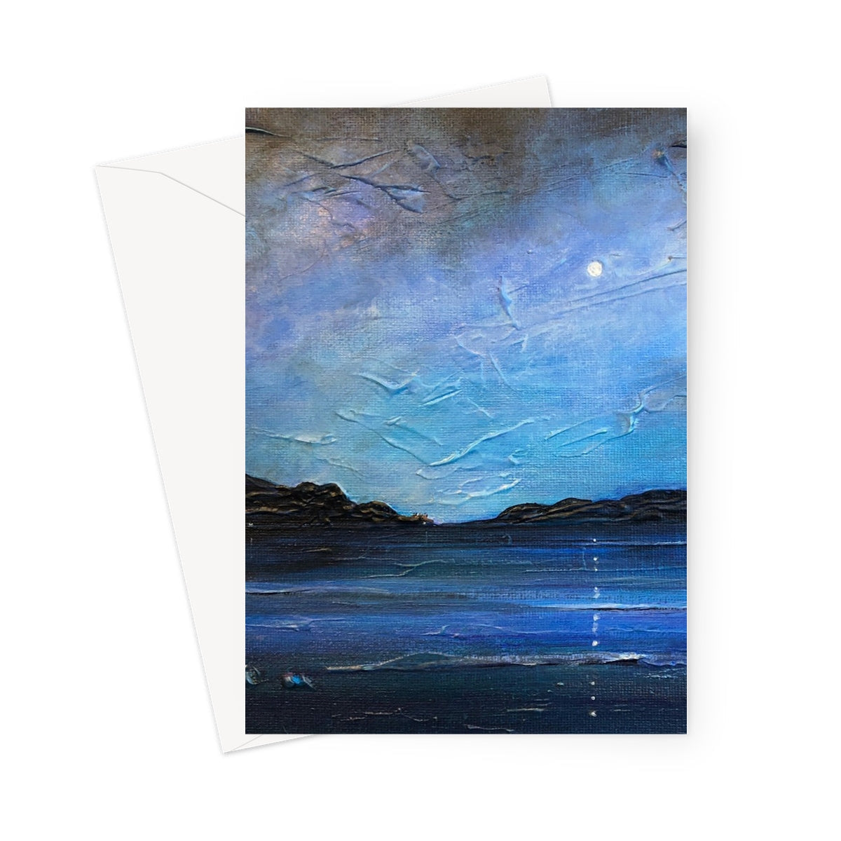 Loch Ness Moonlight greeting card with blue ocean, moonlit sky, silhouetted hills