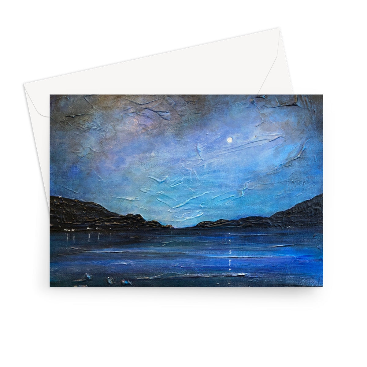 Loch Ness Moonlight greeting card with blue textured landscape, moonlit sky, and dark hills in calm water