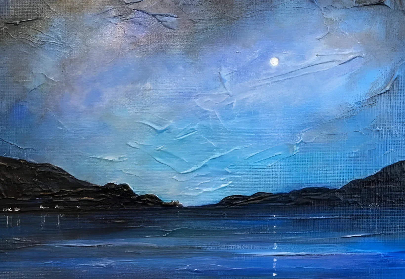 Textured blue landscape painting from Loch Ness Moonlight Original Painting collection