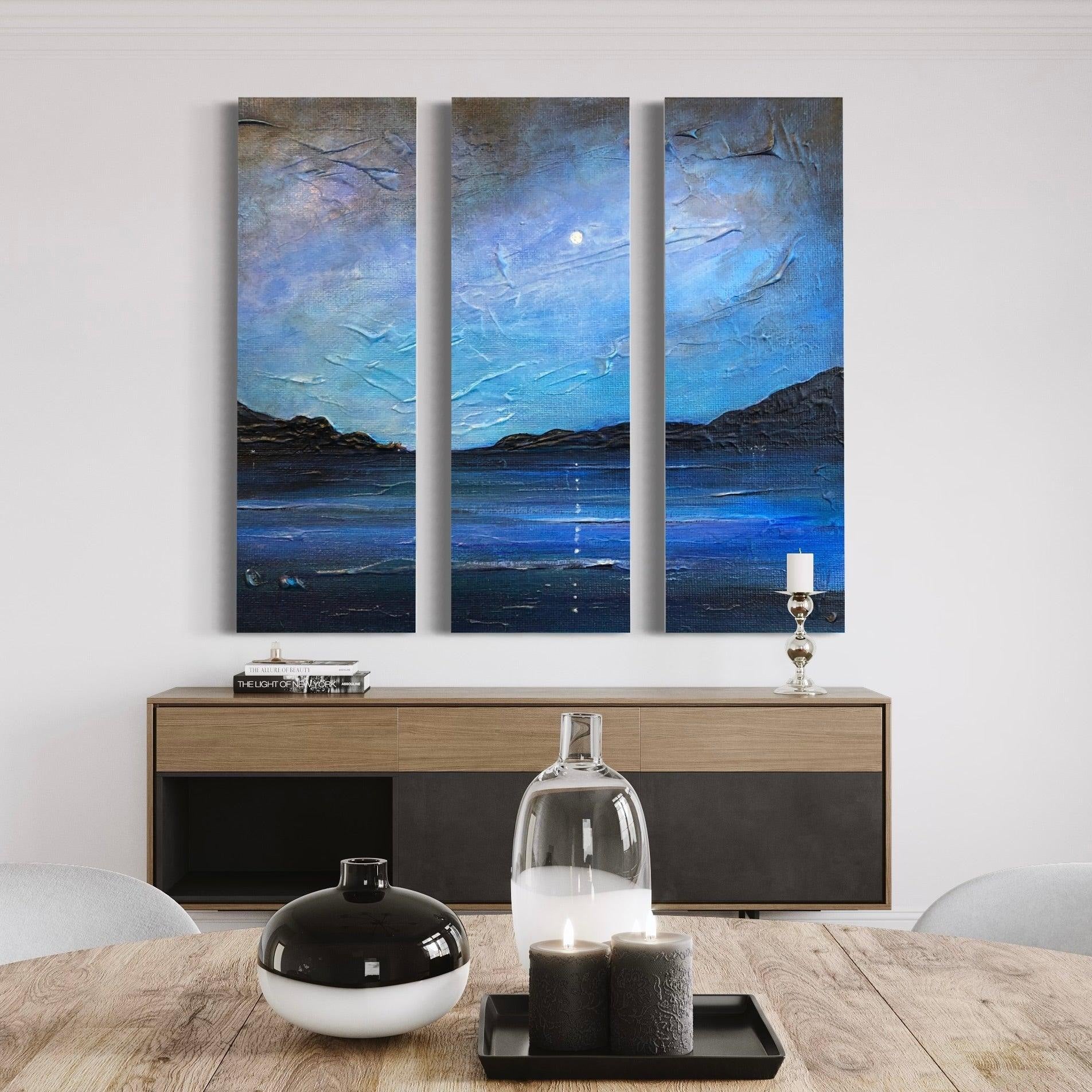 Three-panel abstract blue and black landscape painting for Loch Ness Moonlight wall art