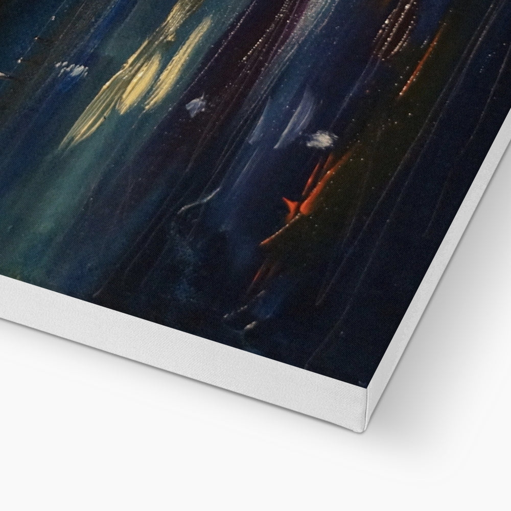 Loch Ness Moonset abstract canvas print in deep blue and gold on white frame