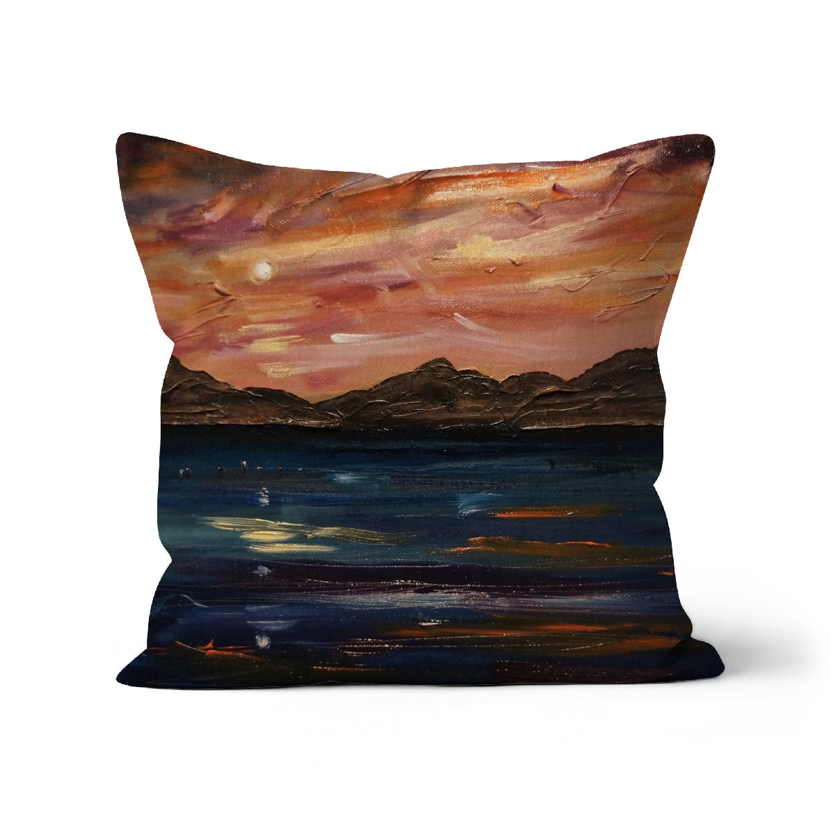 Loch Ness Moonset Cushion: sunset throw pillow in brown orange cotton