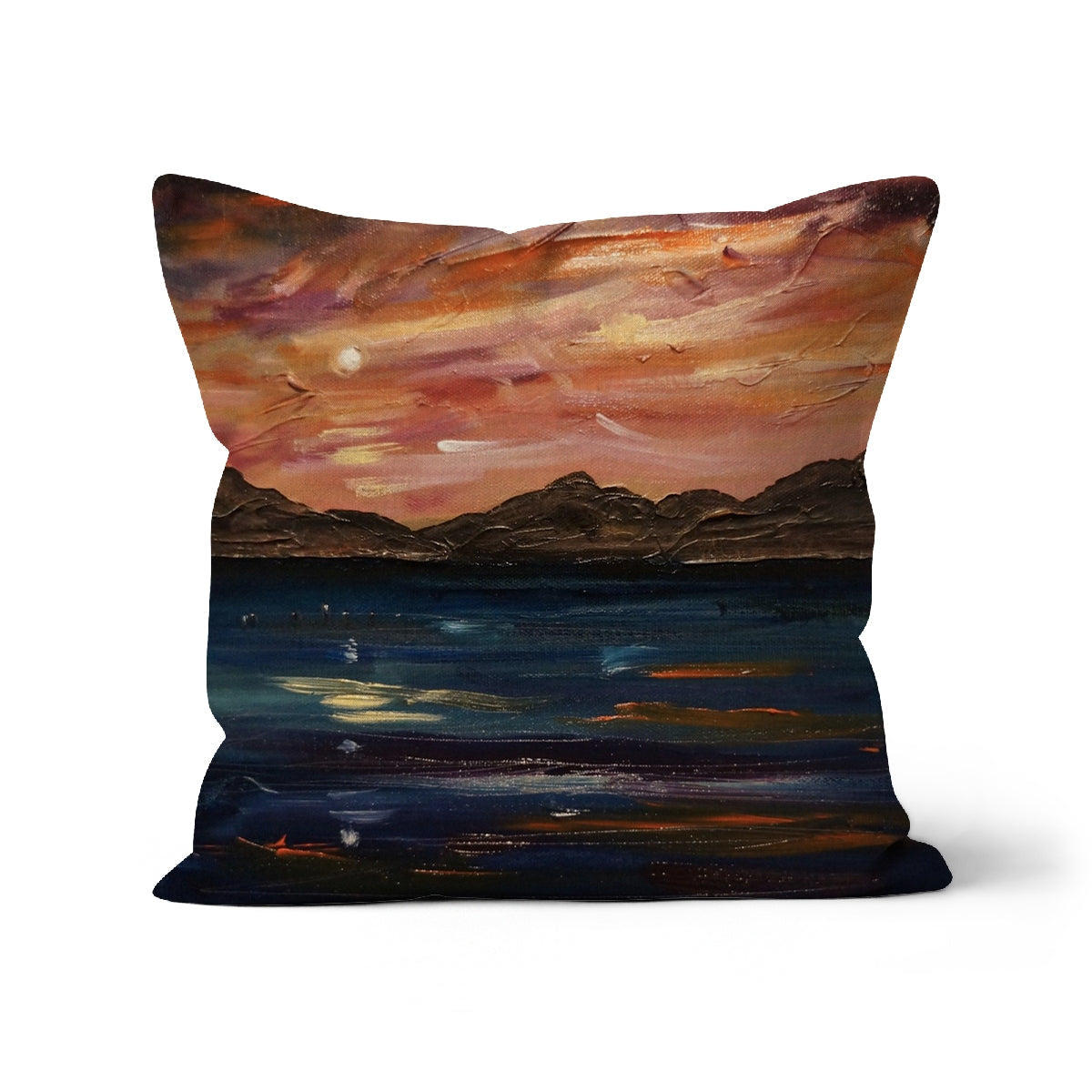 Loch Ness Moonset Cushion: Abstract orange-brown landscape pillow on dark blue