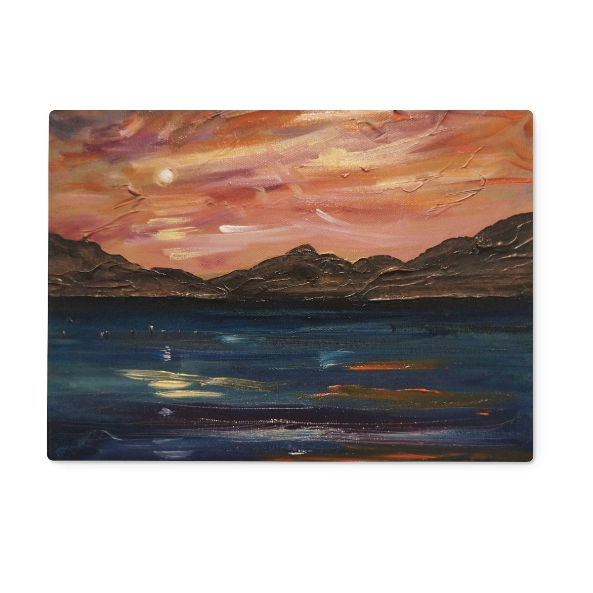 Loch Ness Moonset sunset painting on glass chopping board