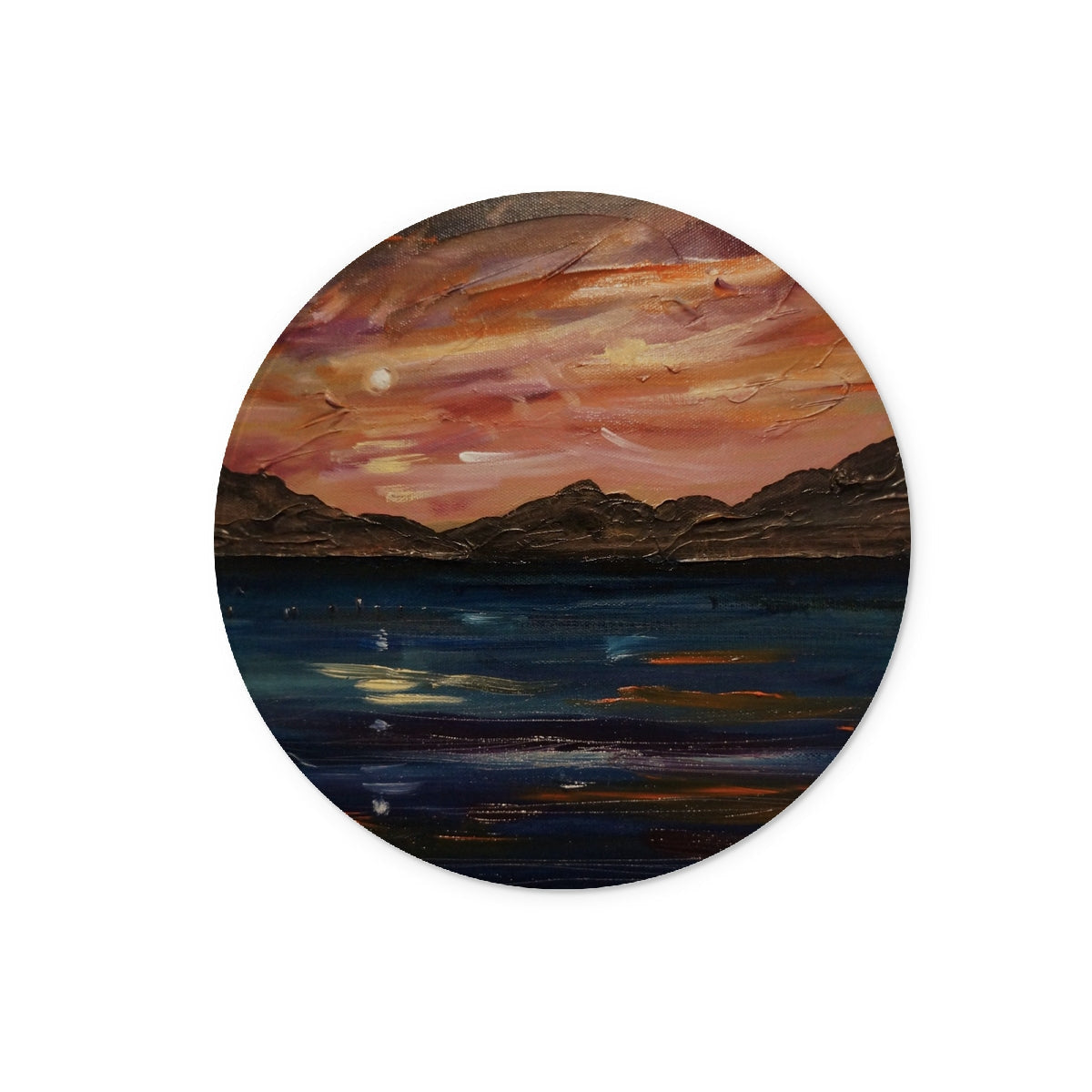 Loch Ness Moonset glass chopping board with orange-brown abstract landscape