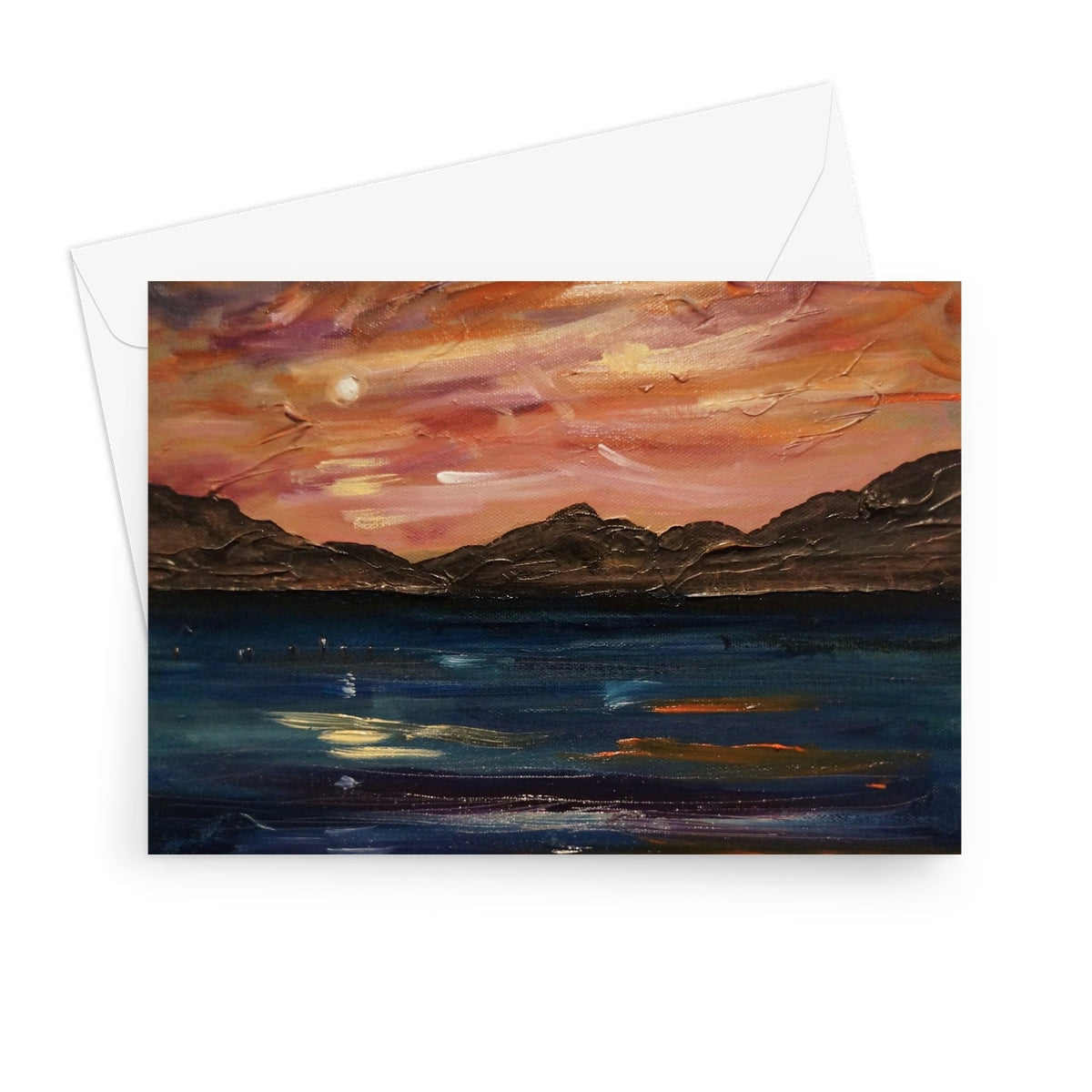 Loch Ness Moonset watercolor greeting card with sunset mountains and sky