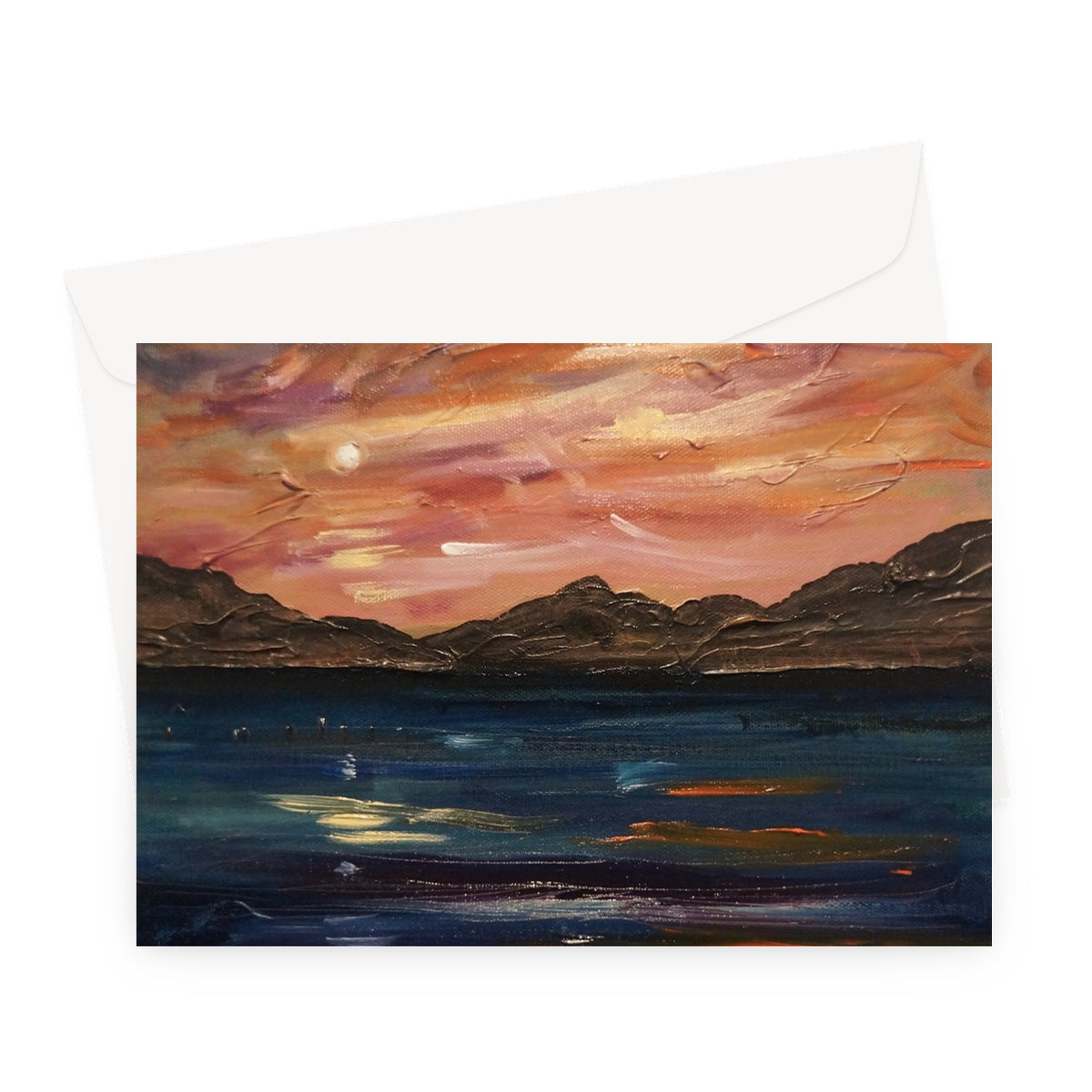 Loch Ness Moonset greeting card with sunset mountains reflected in water