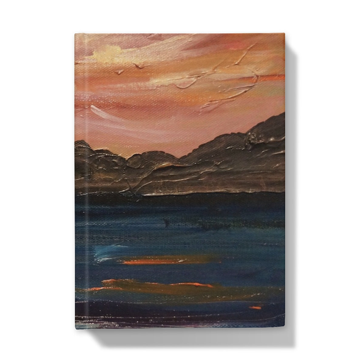 Canvas print of Loch Ness moonset sunset over mountains in warm orange pink hues