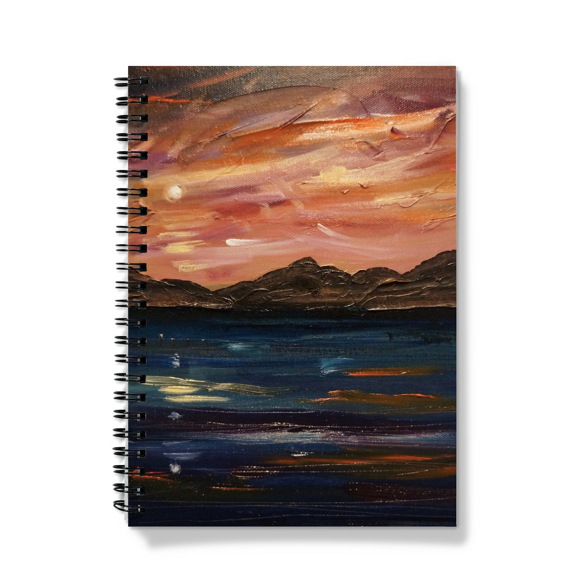 Loch Ness Moonset notebook with sunset orange-pink cover