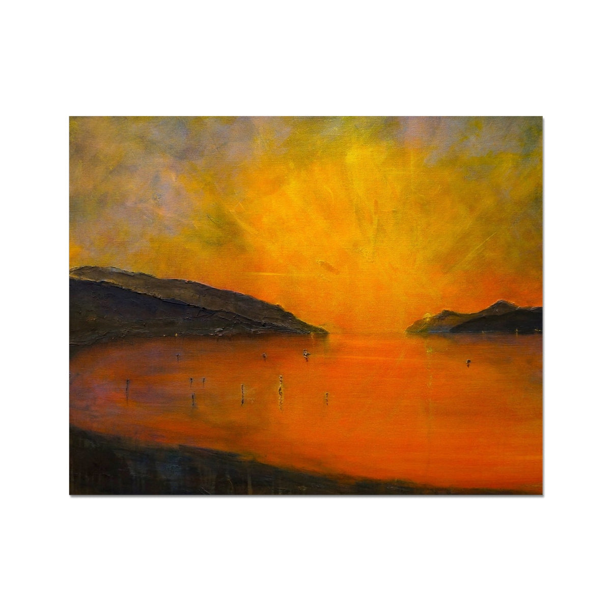 Vibrant orange yellow Loch Ness sunset landscape painting print