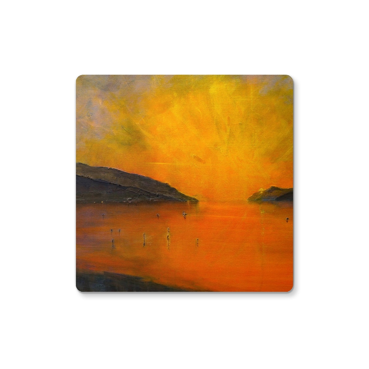 Loch Ness Sunset Coaster: impressionistic orange sunset over calm waters