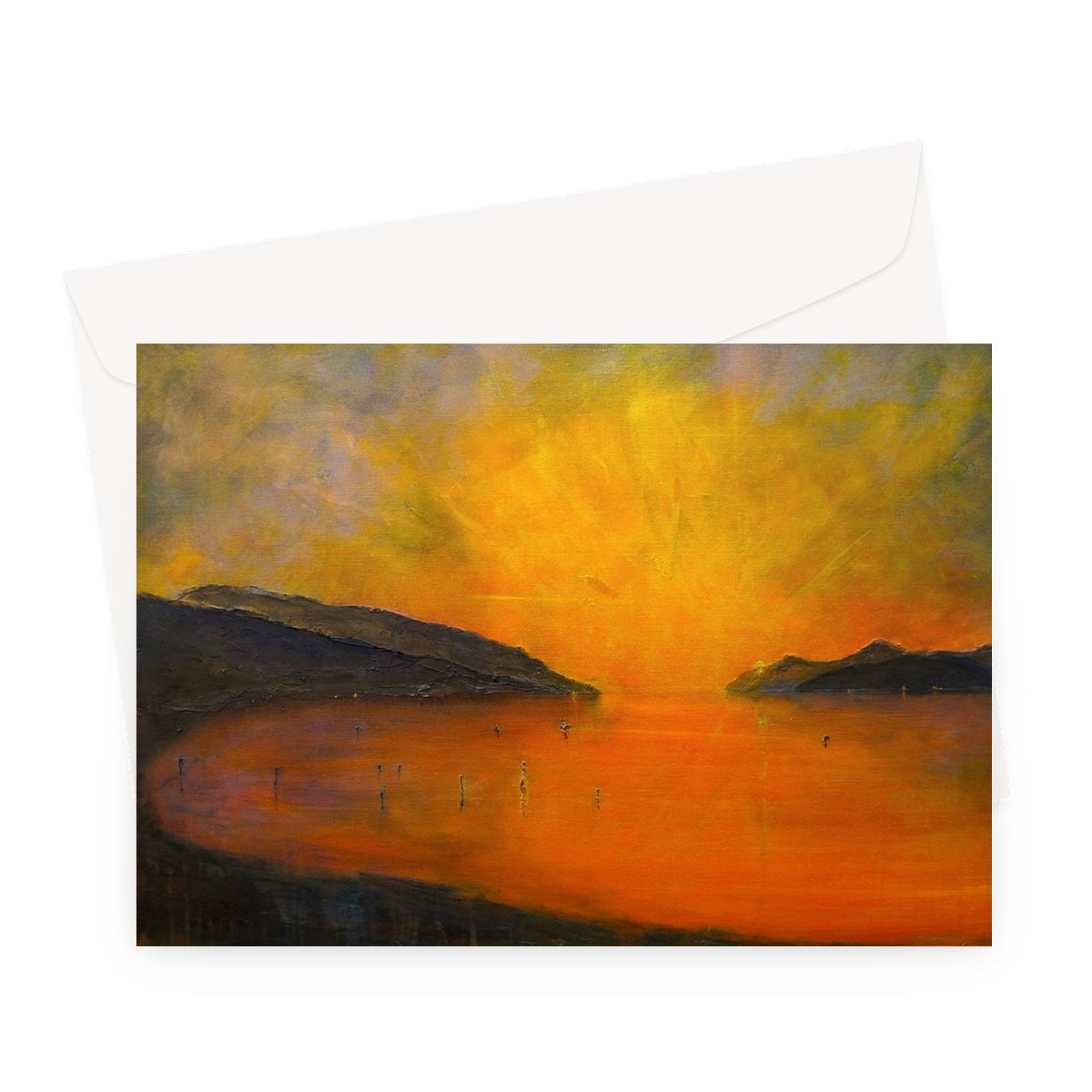 Loch Ness Sunset Greeting Card: Orange-Yellow Landscape with Silhouetted Hills