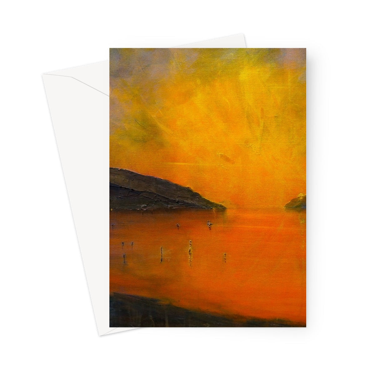 Loch Ness Sunset Greeting Card with orange-yellow textured brushstrokes