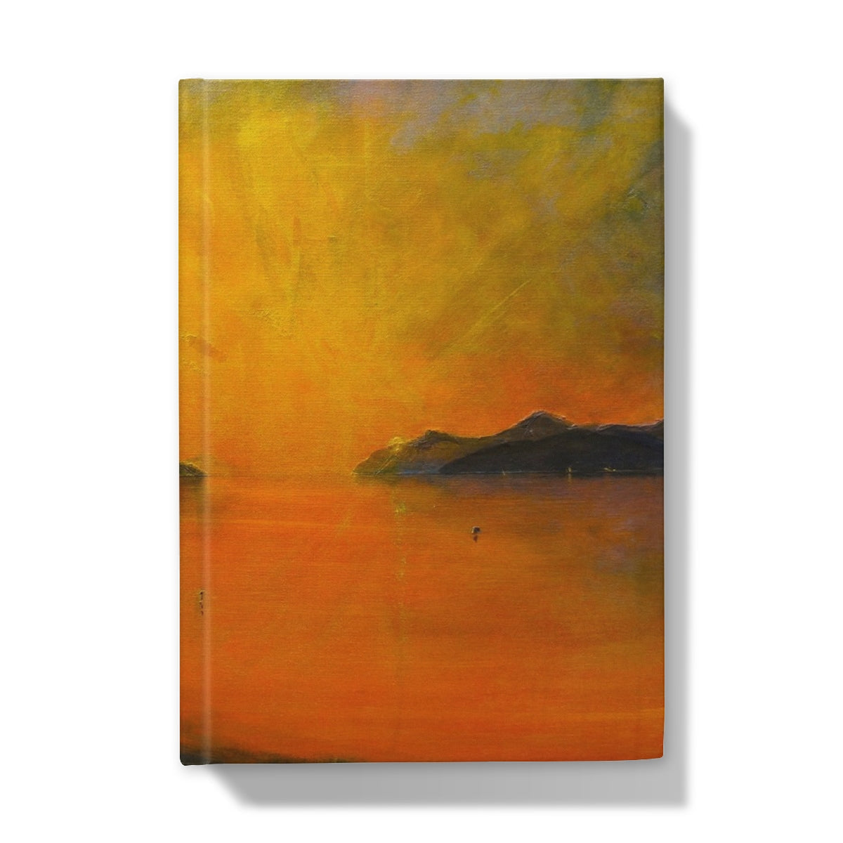 Loch Ness Sunset hardback journal with vibrant orange-yellow impressionist sunset over water and dark silhouetted landforms