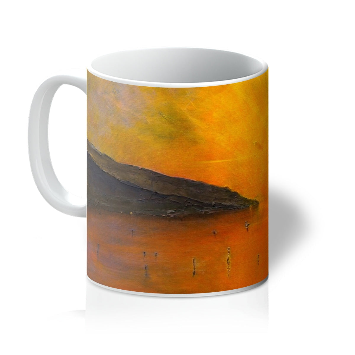 Loch Ness Sunset Mug with orange-yellow sunset and flying birds