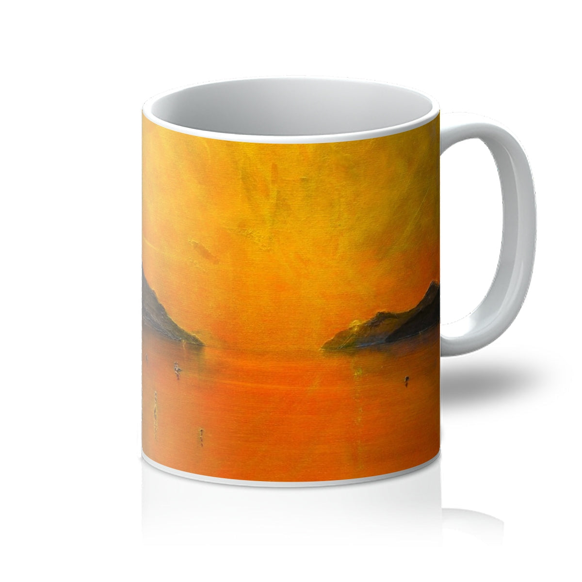 Loch Ness Sunset Mug with orange-yellow sunset and hill silhouettes