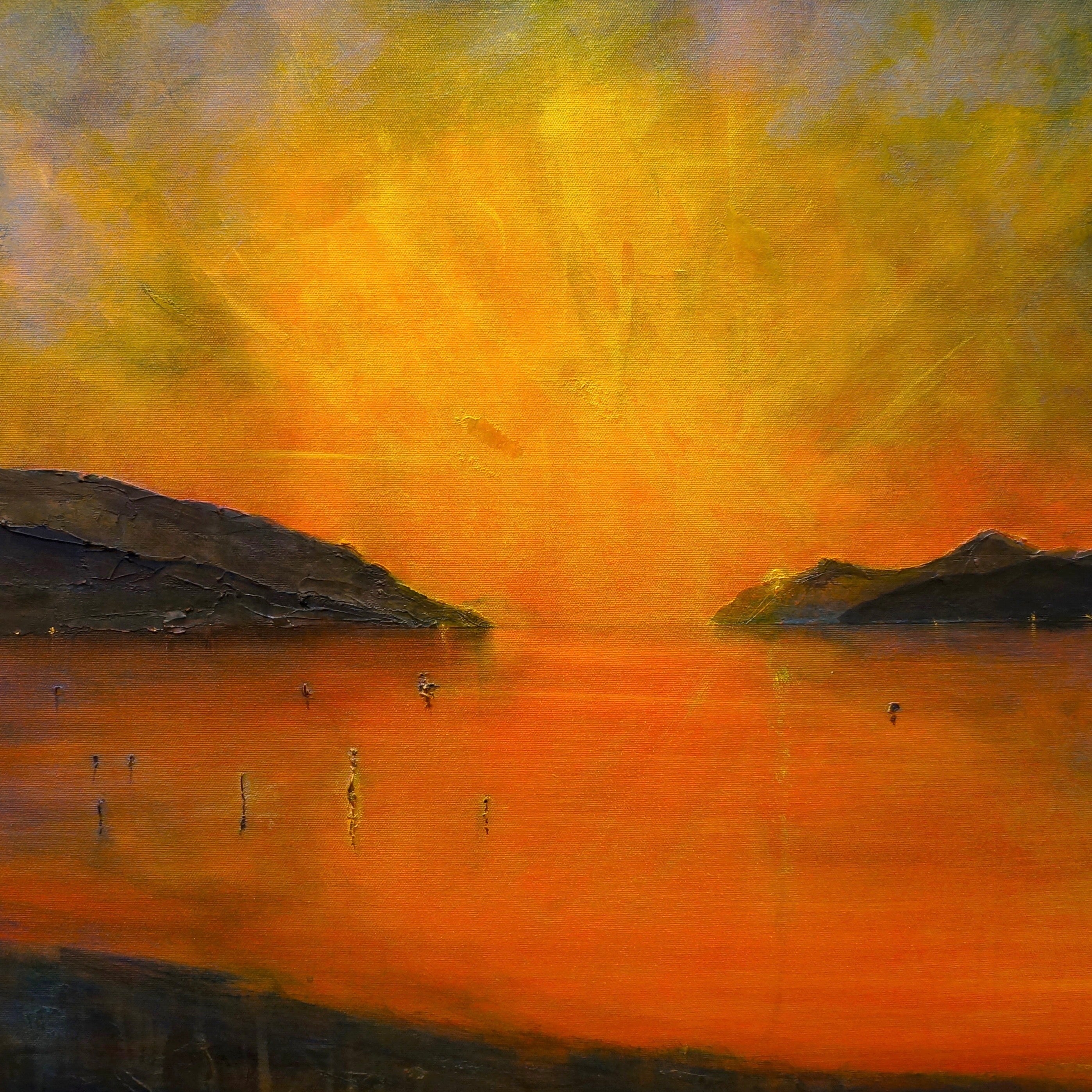 Oil painting of a sunset over Loch Ness with distant landmasses in Scotland In Your Pocket