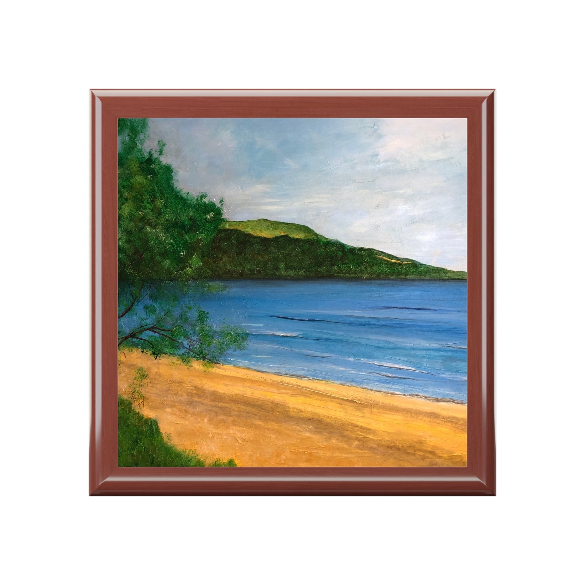 Brown wooden framed beach scene tile coaster from Loch Rannoch Art Jewellery Box Scotland