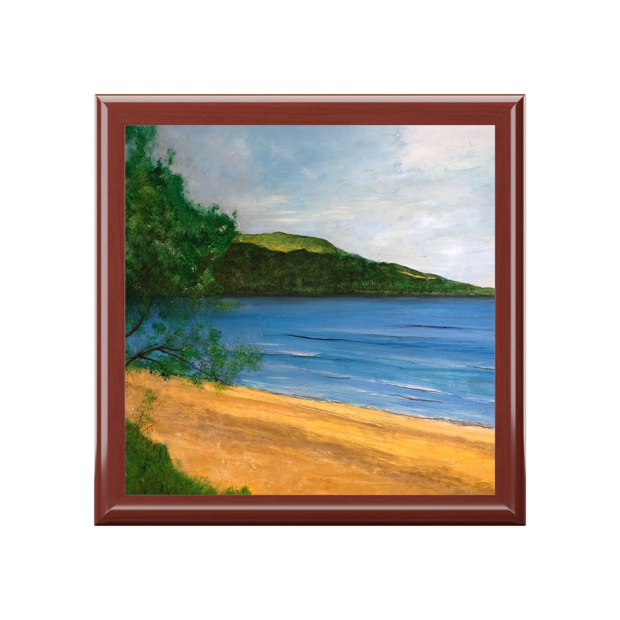 Brown wooden framed beach scene tile coaster from Loch Rannoch Art Jewellery Box Scotland