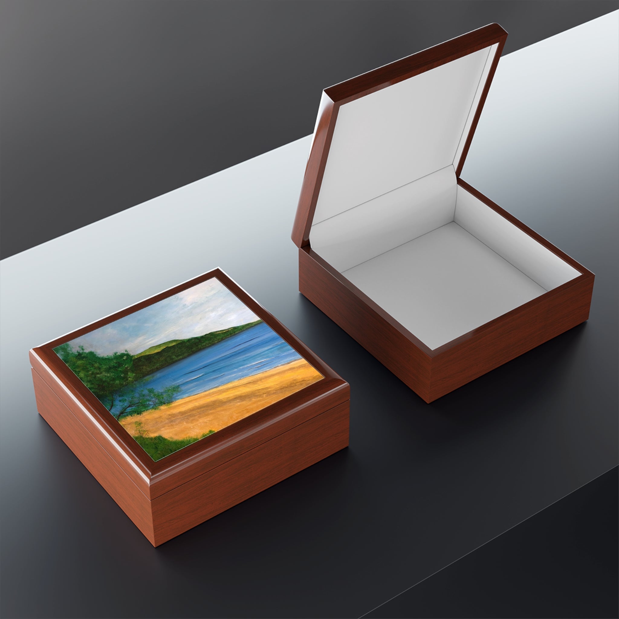 Brown leather Loch Rannoch art jewellery box with beach scene design on lid