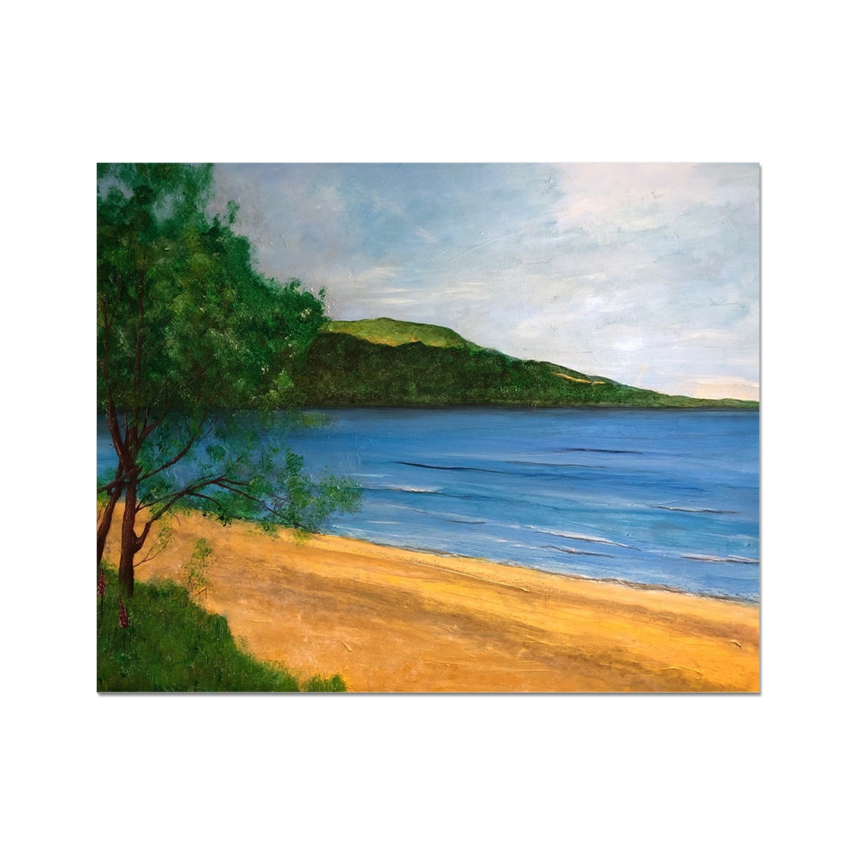 Beach scene poster with sandy shore blue water and green hill for Loch Rannoch Artist Proof Collector Print