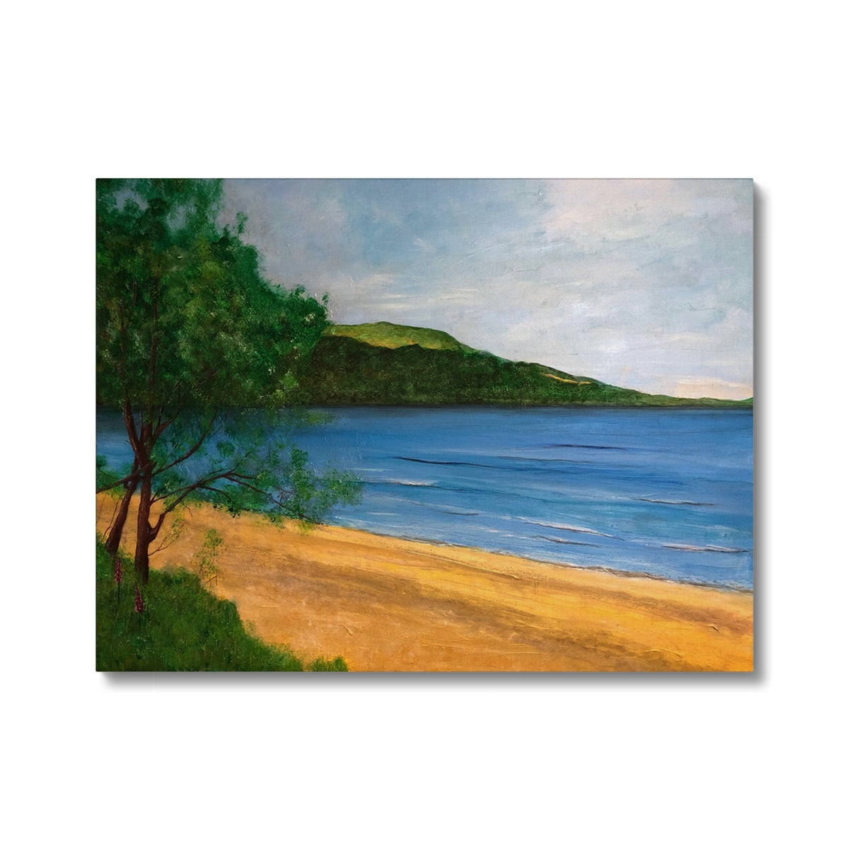 Beach scene canvas print featuring sandy shore, blue water, and green hillside for Loch Rannoch Canvas