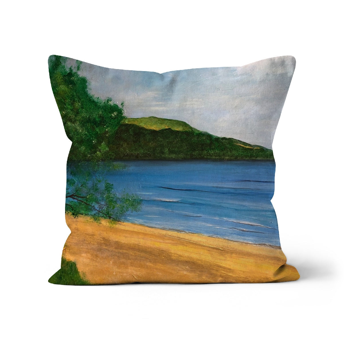 Loch Rannoch Cushion with beach scene throw pillow featuring sandy shore and green foliage