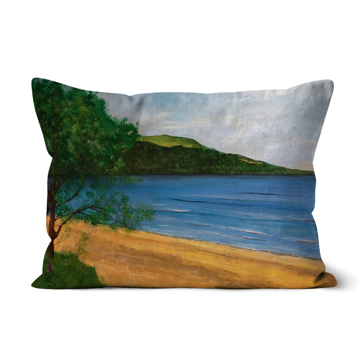 Blue and green Loch Rannoch Cushion with scenic landscape design of trees, hills, and water