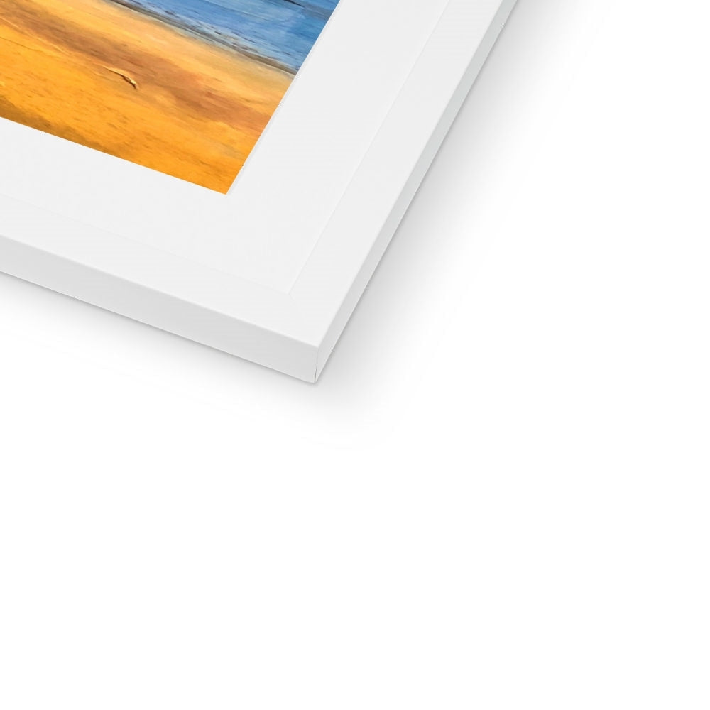 White matted beach scene art print with gold frame from Loch Rannoch Framed & Mounted Print collection