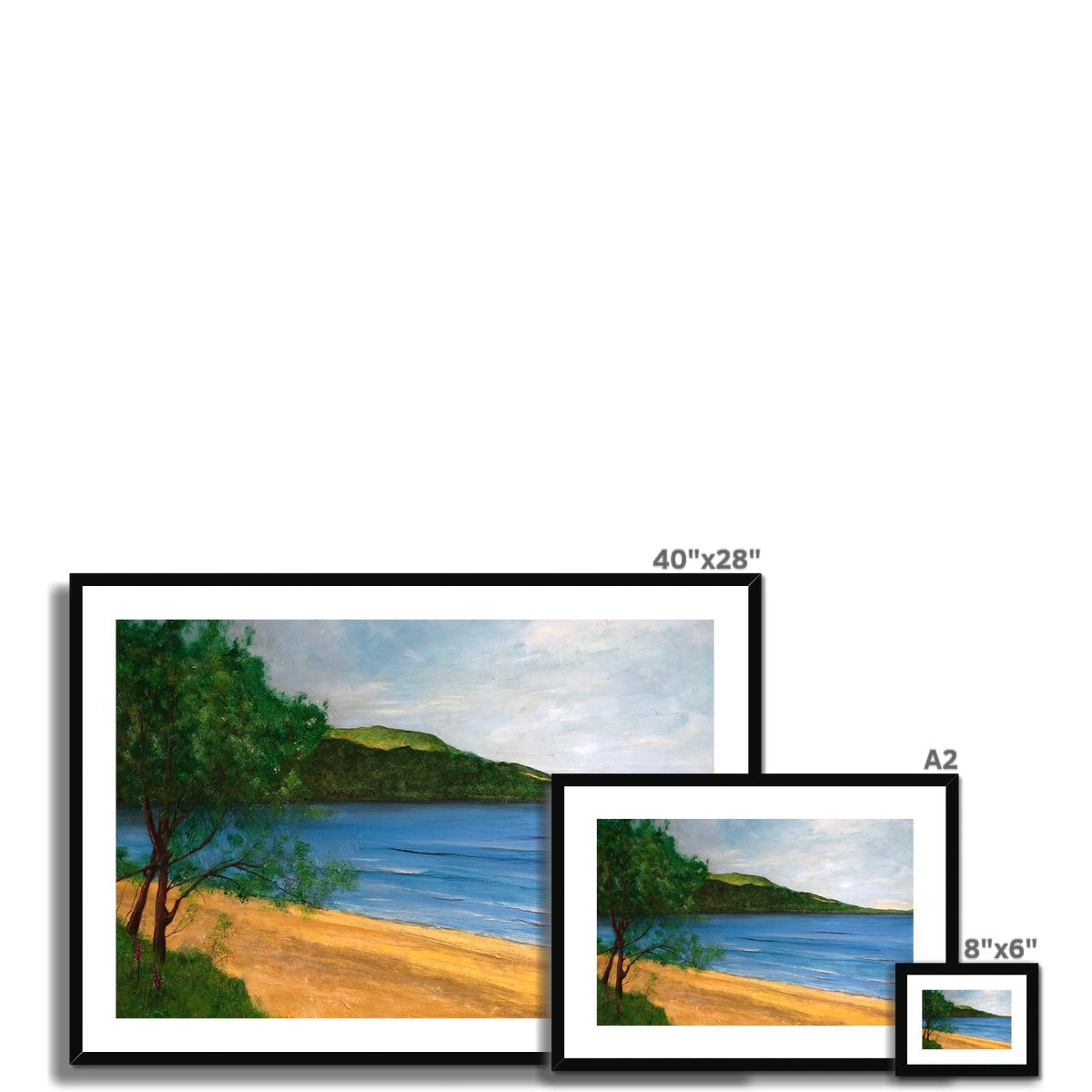 Loch Rannoch framed and mounted beach scene print, 40x28 inches with black frame