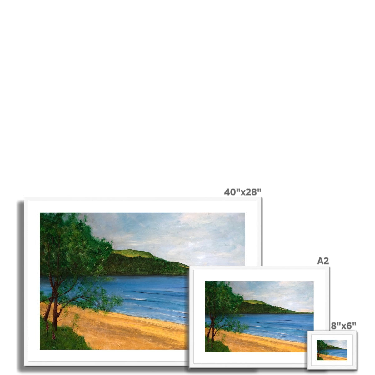 Beach scene canvas print with white frame in blue and green hues, depicting a serene coastal landscape for Loch Rannoch Framed & Mounted Print
