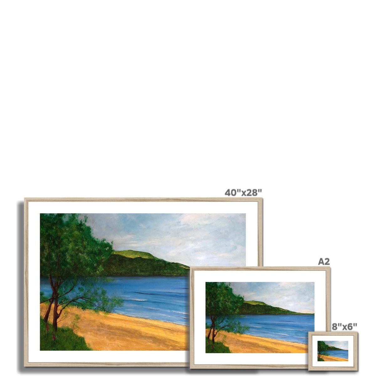 Loch Rannoch framed and mounted print of a beach landscape with sandy shore and green hills